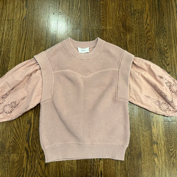 ba&sh Sweaters - ba&sh Samoa Pink Embroidered Knit Lace Puff Sleeve Sweater Blouse Top Sz 2 US 6